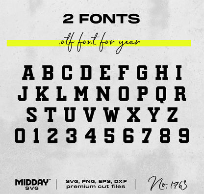 Bold varsity font set with numbers, available in SVG, PNG, EPS, DXF formats for Cricut and Silhouette cutting machines.