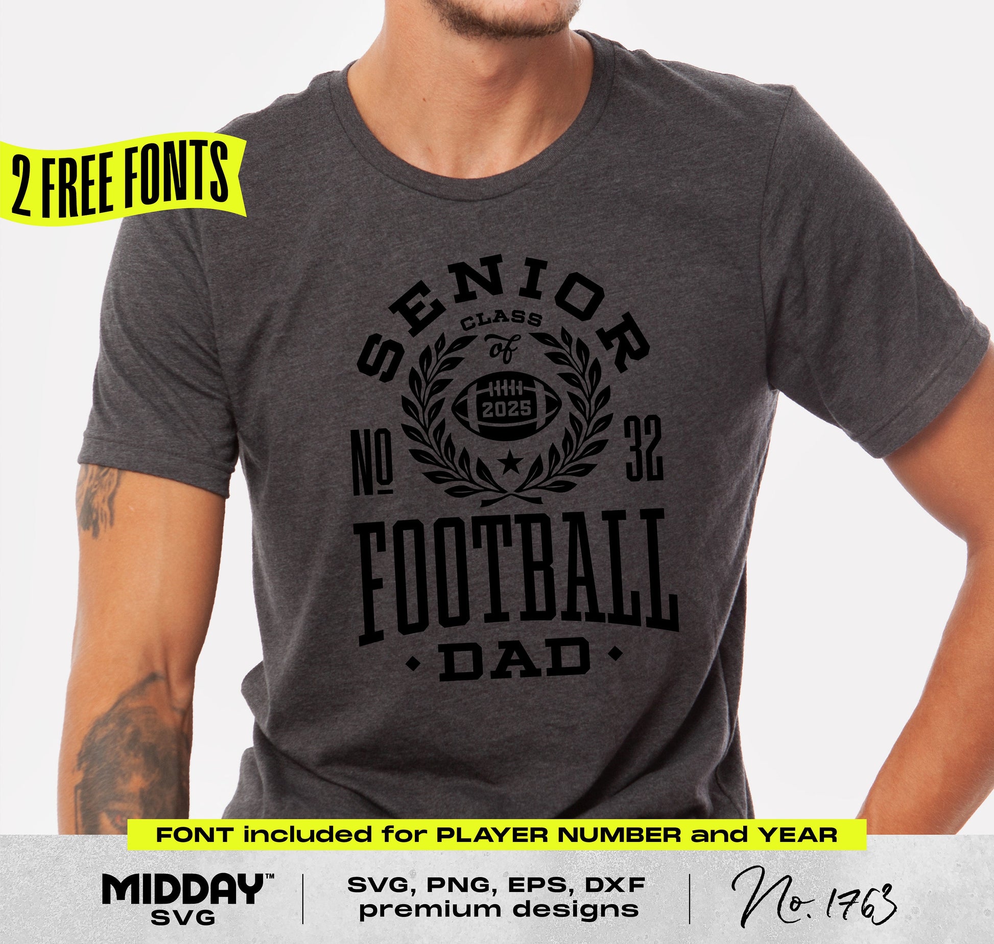 Senior Dad 2025 football shirt design SVG with collegiate theme, ideal for varsity graduation cut files and crafting with Cricut and Silhouette.