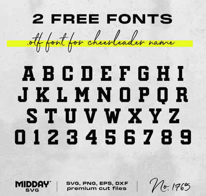 Collegiate style font set for cheerleader name customization in Cheer Team Template SVG, perfect for DIY shirts and sublimation.