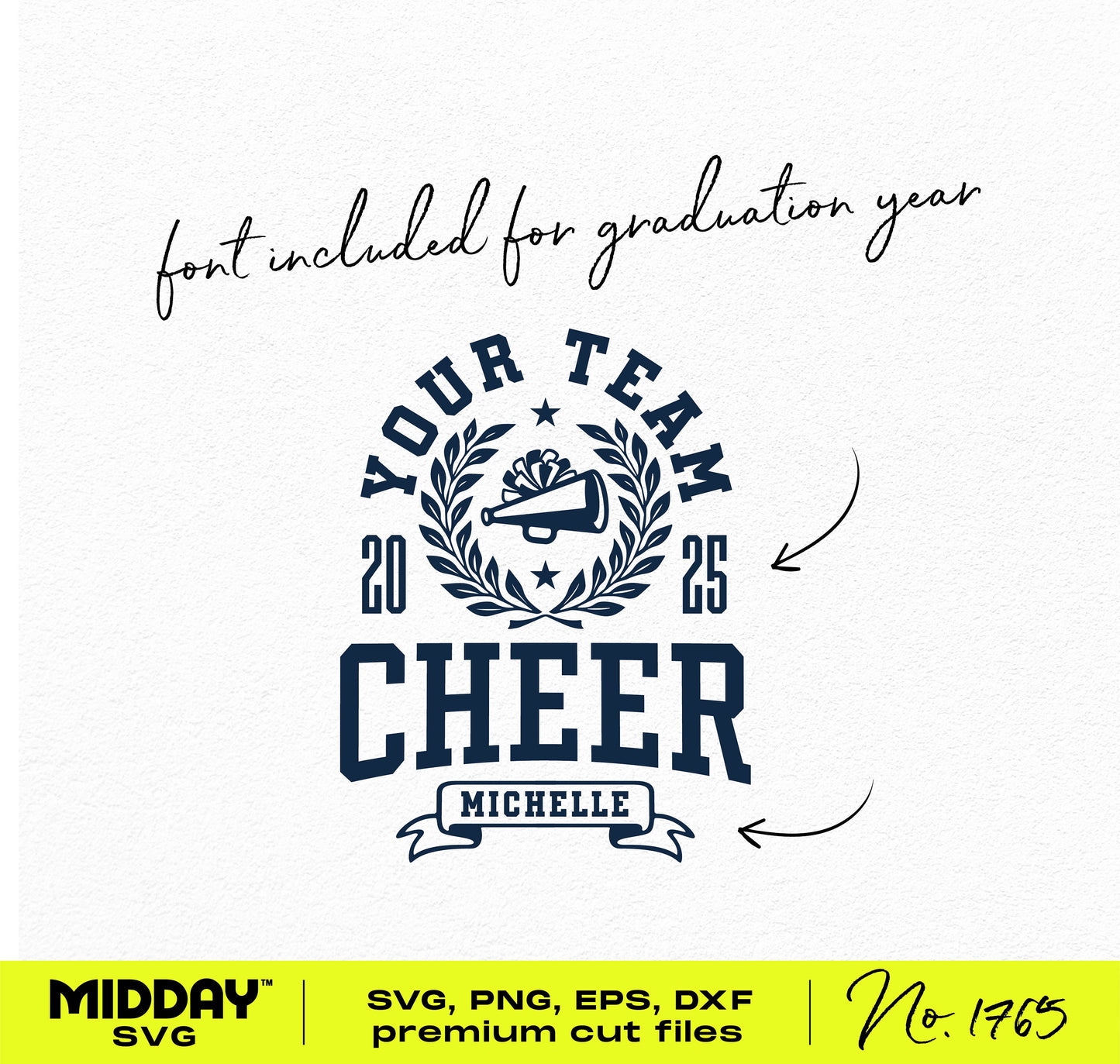 Collegiate style cheer team logo template with customizable fonts for year, team name, and cheerleader. Ideal for DIY shirts and posters.