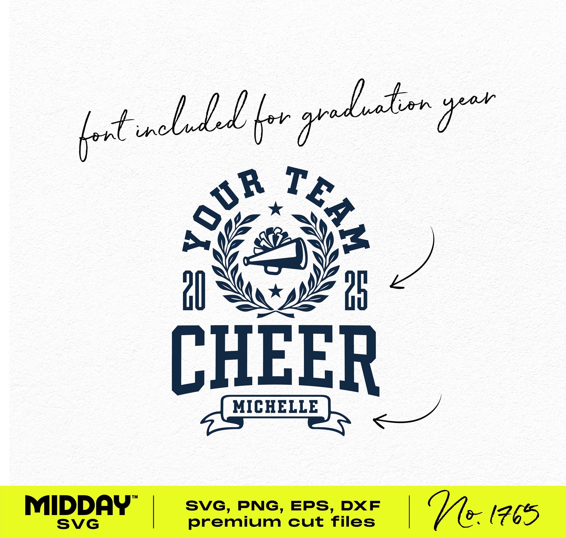 Collegiate style cheer team logo template with customizable fonts for year, team name, and cheerleader. Ideal for DIY shirts and posters.