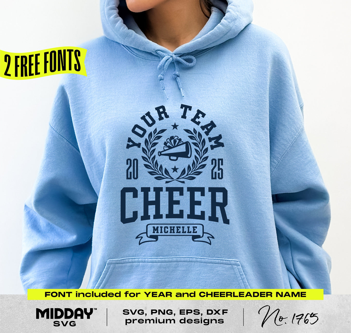 Person wearing a blue hoodie featuring a cheer team design template with customizable fonts for Cricut and sublimation projects.