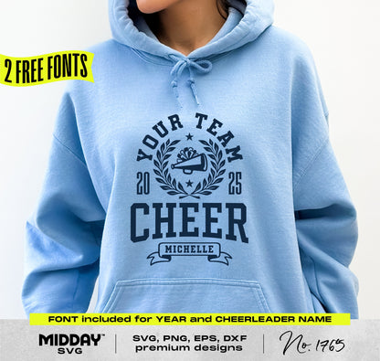 Person wearing a blue hoodie featuring a cheer team design template with customizable fonts for Cricut and sublimation projects.
