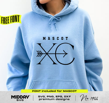 Person wearing blue hoodie with 'Mascot XC' cross country design, includes SVG, PNG, EPS, DXF files, free font offer.