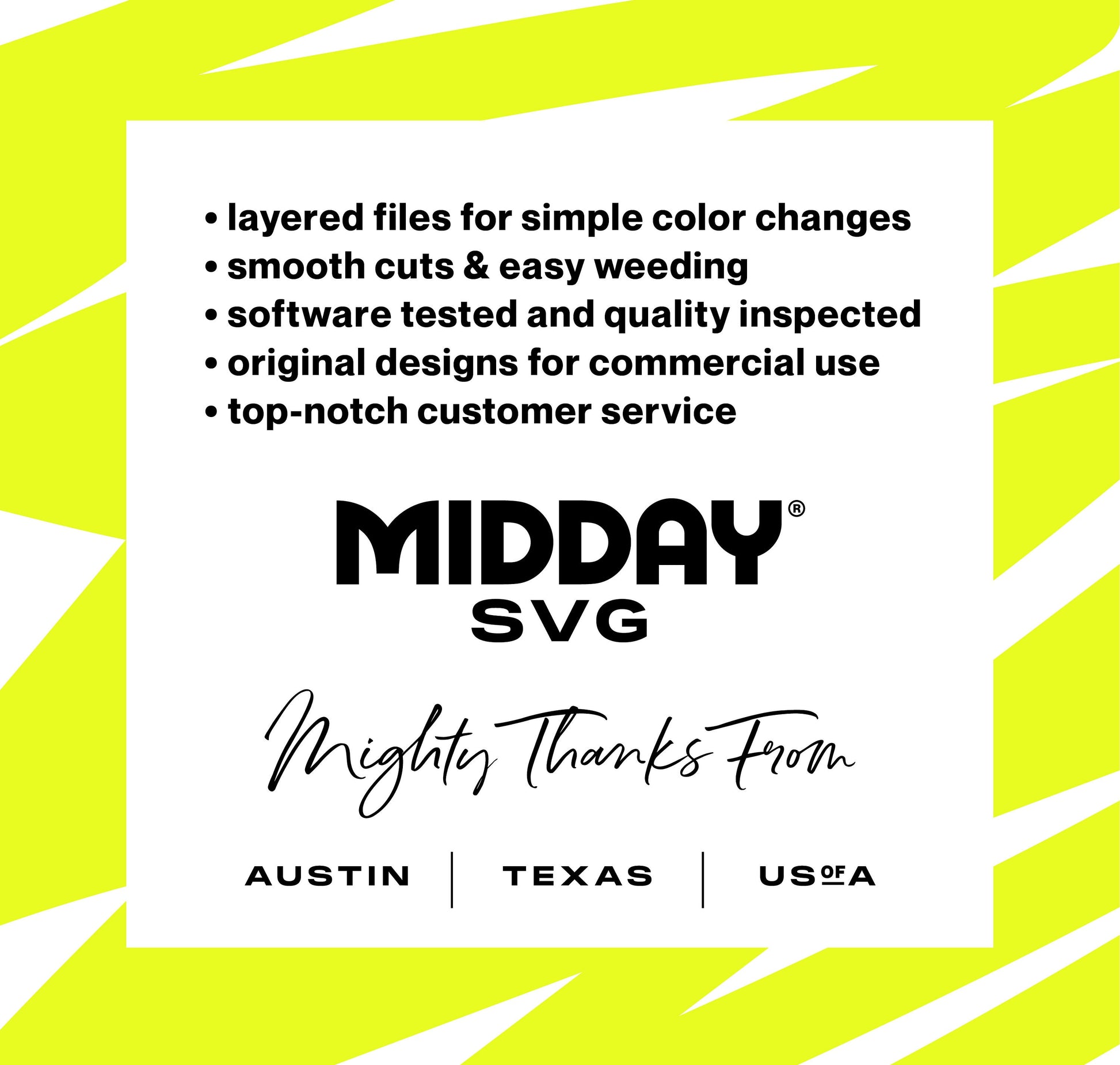 Midday SVG promotional graphic featuring benefits like layered files, smooth cuts, and original designs with a USA location mention.