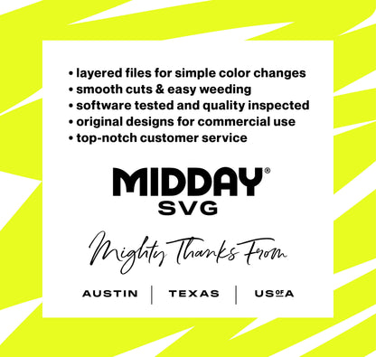 Midday SVG promotional graphic featuring benefits like layered files, smooth cuts, and original designs with a USA location mention.