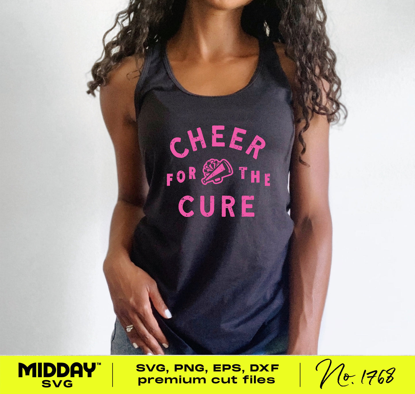 Black shirt with 'Cheer For The Cure' pink design, breast cancer awareness theme, perfect for cheerleading and Cricut projects.