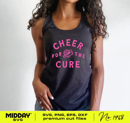 Black shirt with 'Cheer For The Cure' pink design, breast cancer awareness theme, perfect for cheerleading and Cricut projects.