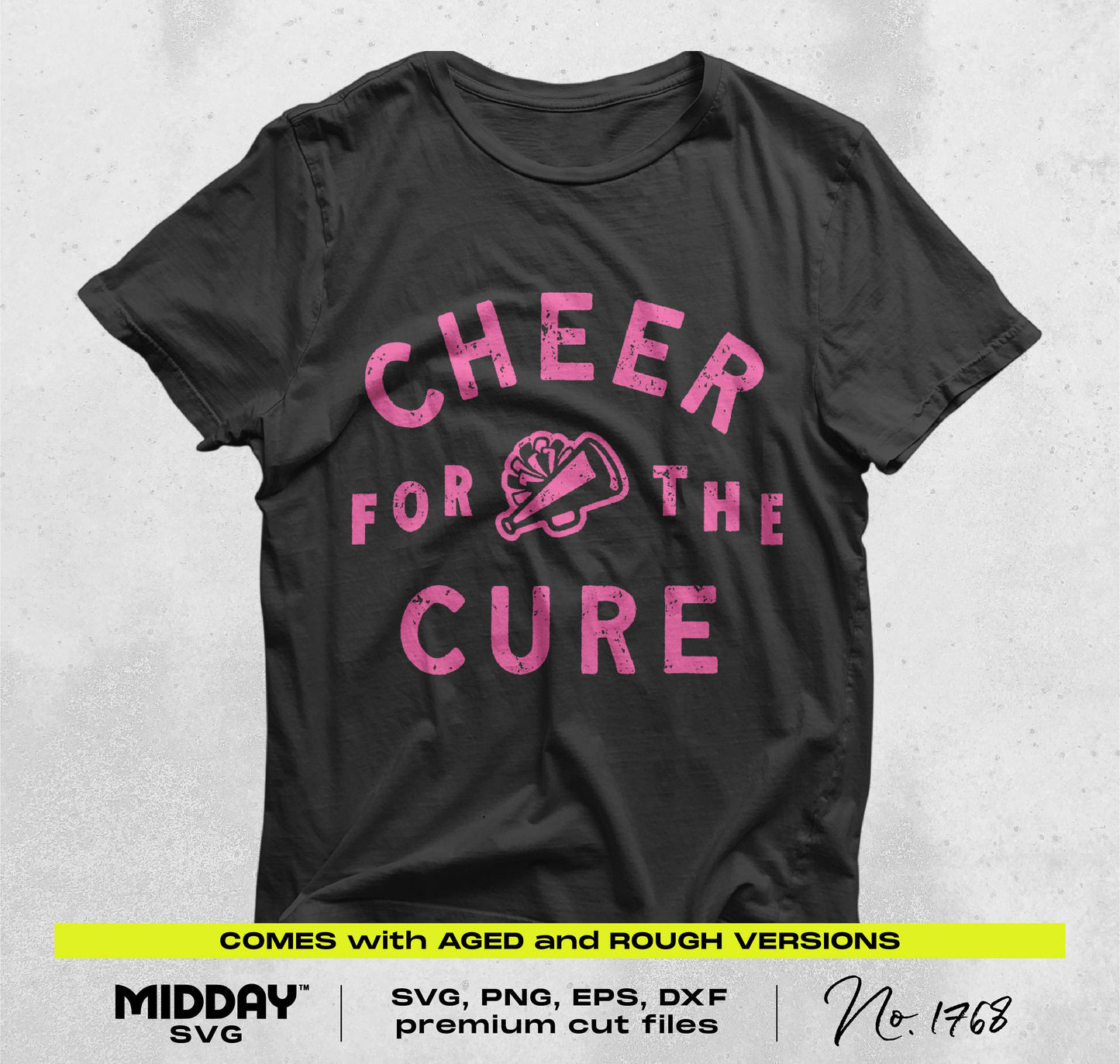 Black T-shirt with pink 'Cheer For The Cure' design for breast cancer awareness, available as SVG cut file for Cricut.
