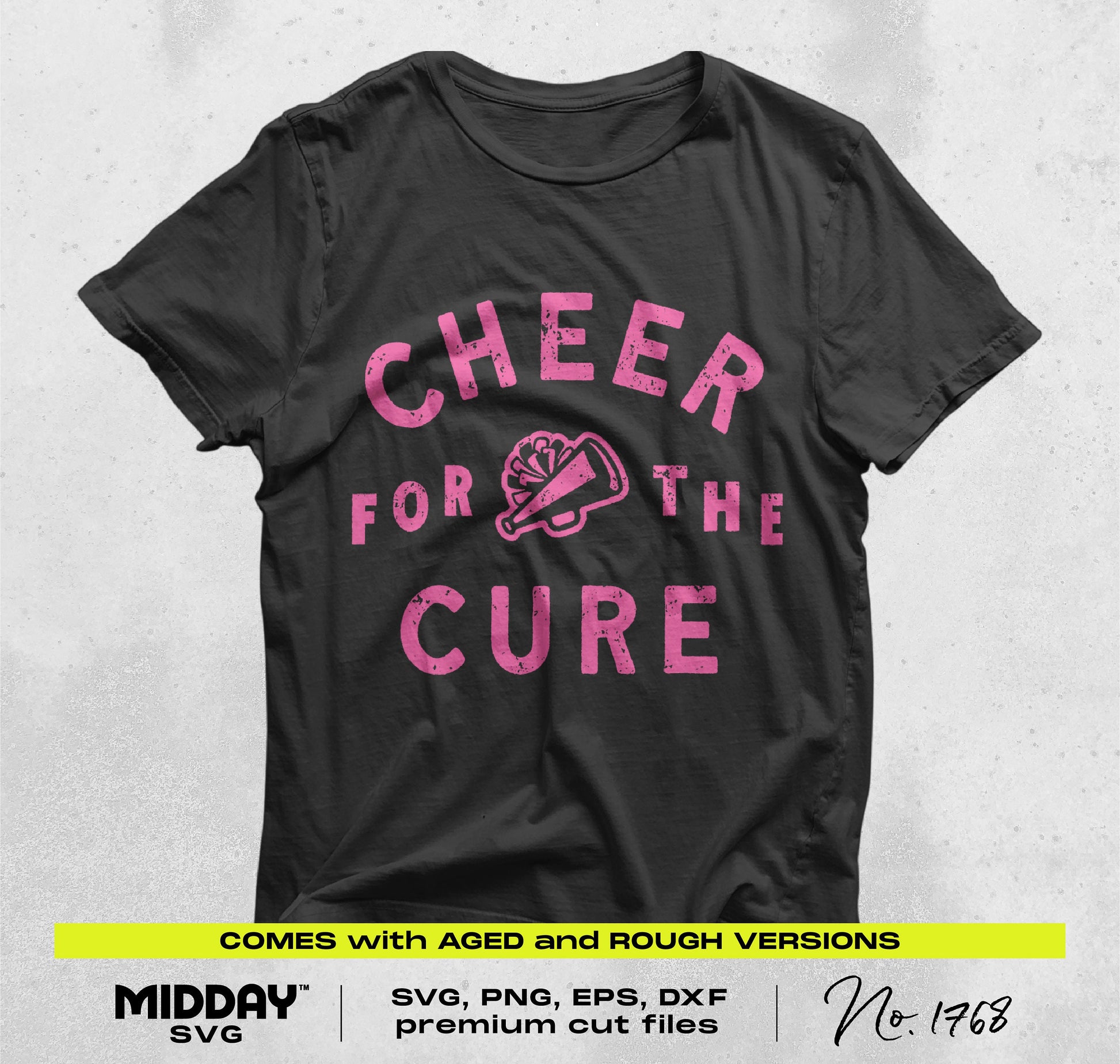 Black T-shirt with pink 'Cheer For The Cure' design for breast cancer awareness, available as SVG cut file for Cricut.