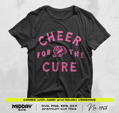 Black T-shirt with pink 'Cheer For The Cure' design for breast cancer awareness, available as SVG cut file for Cricut.