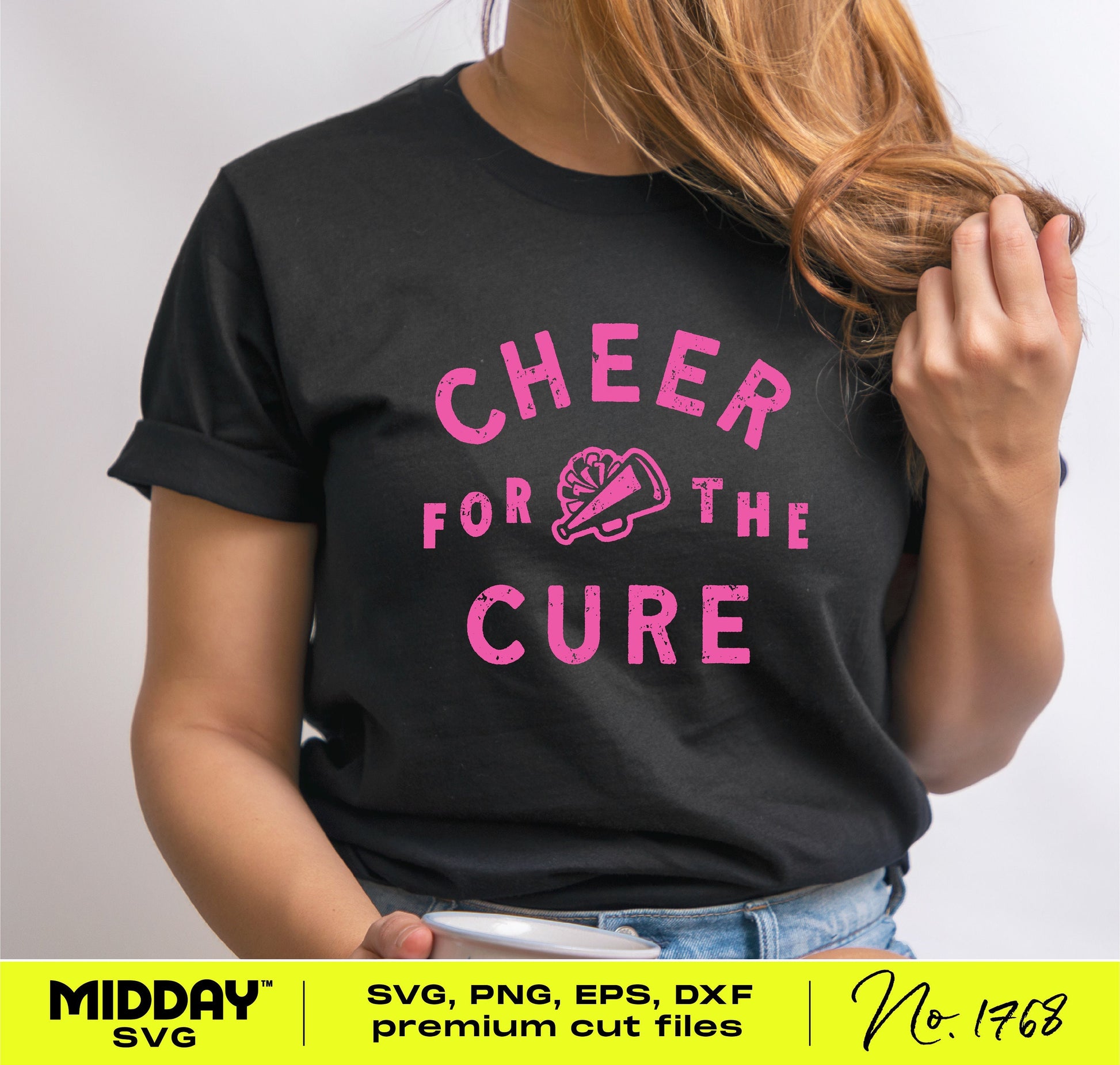 Black t-shirt with pink 'Cheer For The Cure' design for breast cancer awareness.