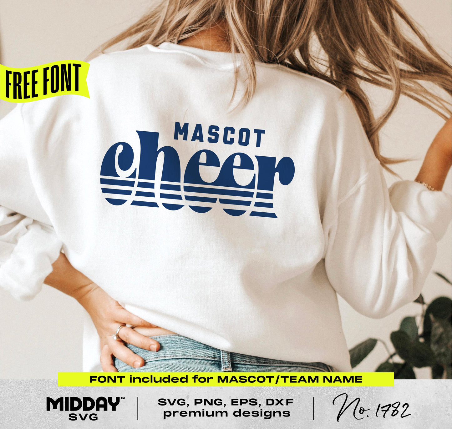 Retro style cheerleading shirt design with 'Mascot Cheer' font, includes SVG, PNG, EPS, DXF formats, perfect for DIY cheer squad outfits.