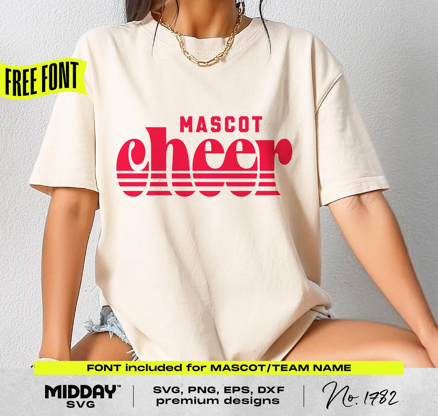 Model wearing retro cheer team shirt design with 'Mascot Cheer' font, ideal for DIY cheerleading apparel. Includes SVG, PNG, EPS, DXF files.