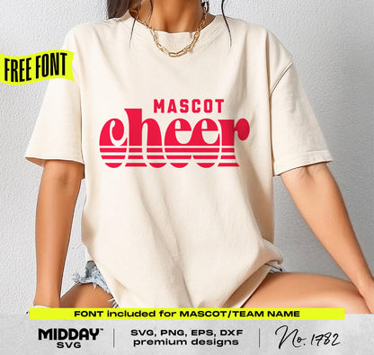 Model wearing retro cheer team shirt design with 'Mascot Cheer' font, ideal for DIY cheerleading apparel. Includes SVG, PNG, EPS, DXF files.