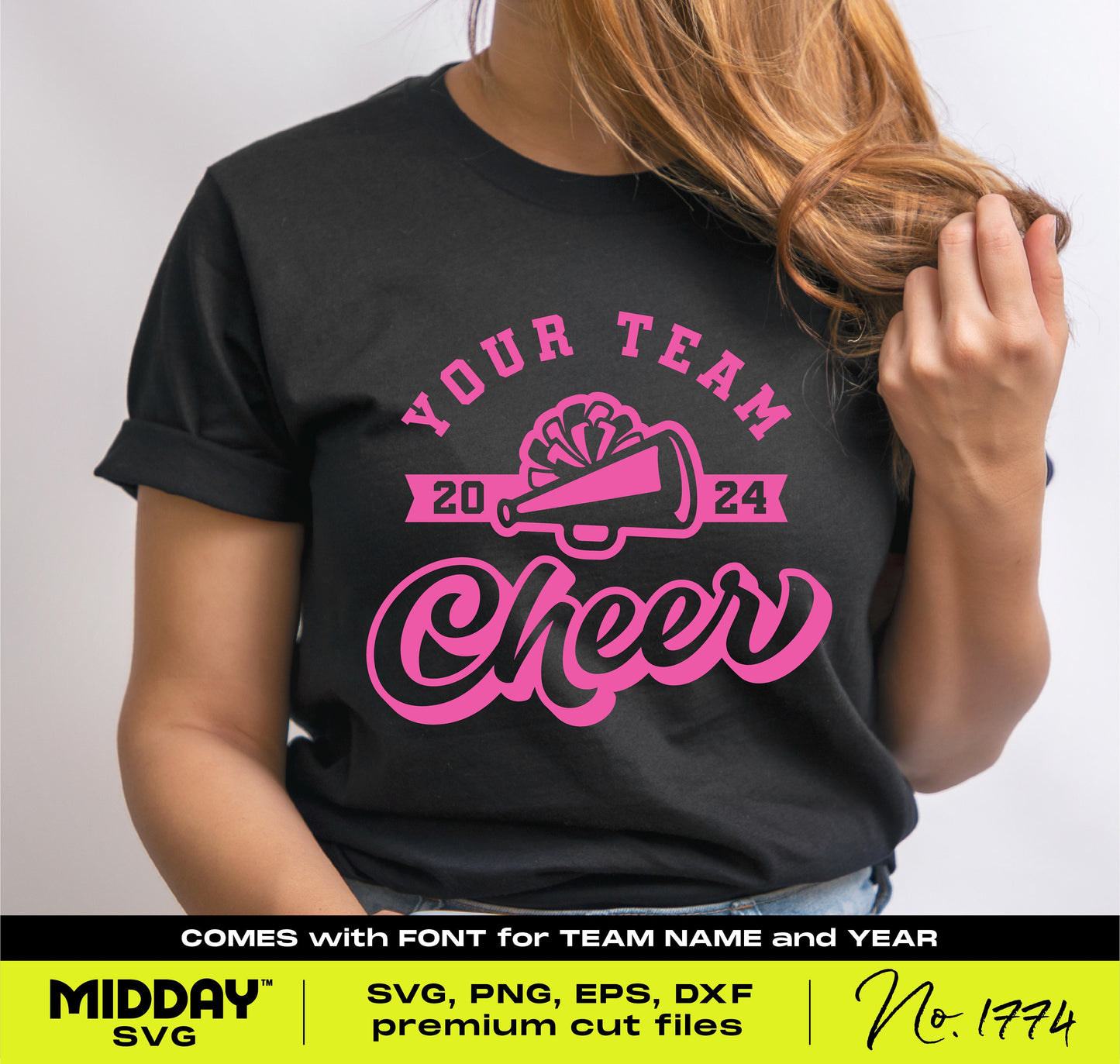 Woman wearing black t-shirt with pink cheerleading megaphone design and 'Your Team Cheer' text, ideal for sports team apparel.