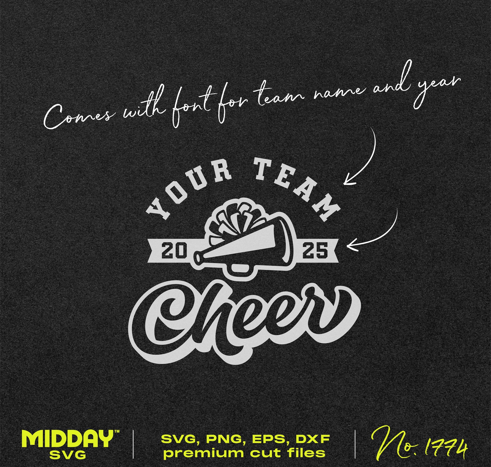 Cheer Team Template SVG with customizable font for team name and year, includes bold cheerleader graphics and megaphone design.