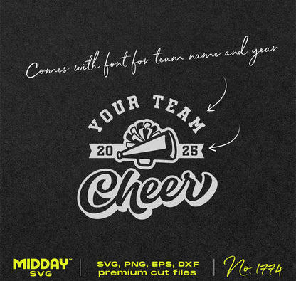Cheer Team Template SVG with customizable font for team name and year, includes bold cheerleader graphics and megaphone design.