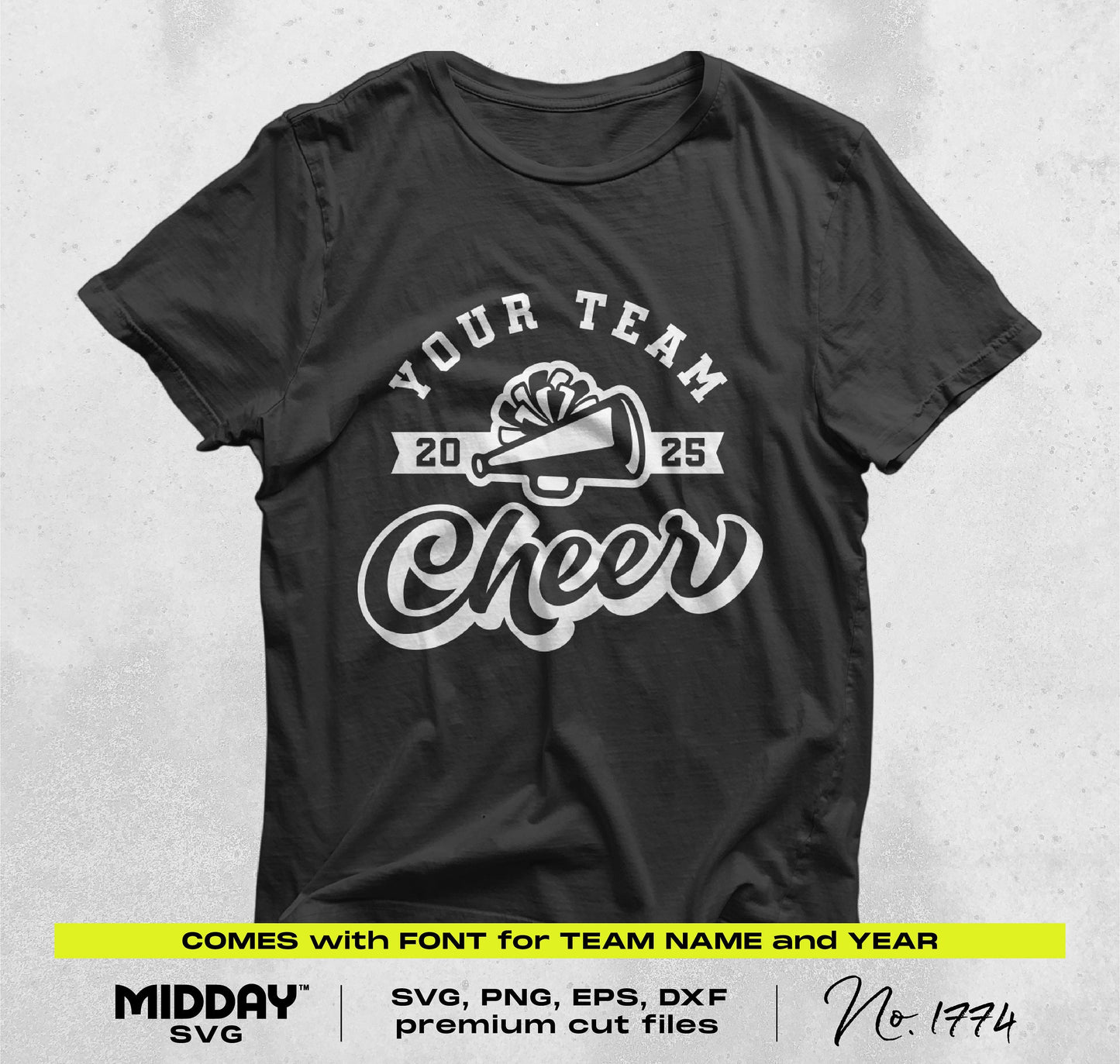 Black t-shirt with customizable cheer team design, featuring megaphone and bold lettering for spirit wear.