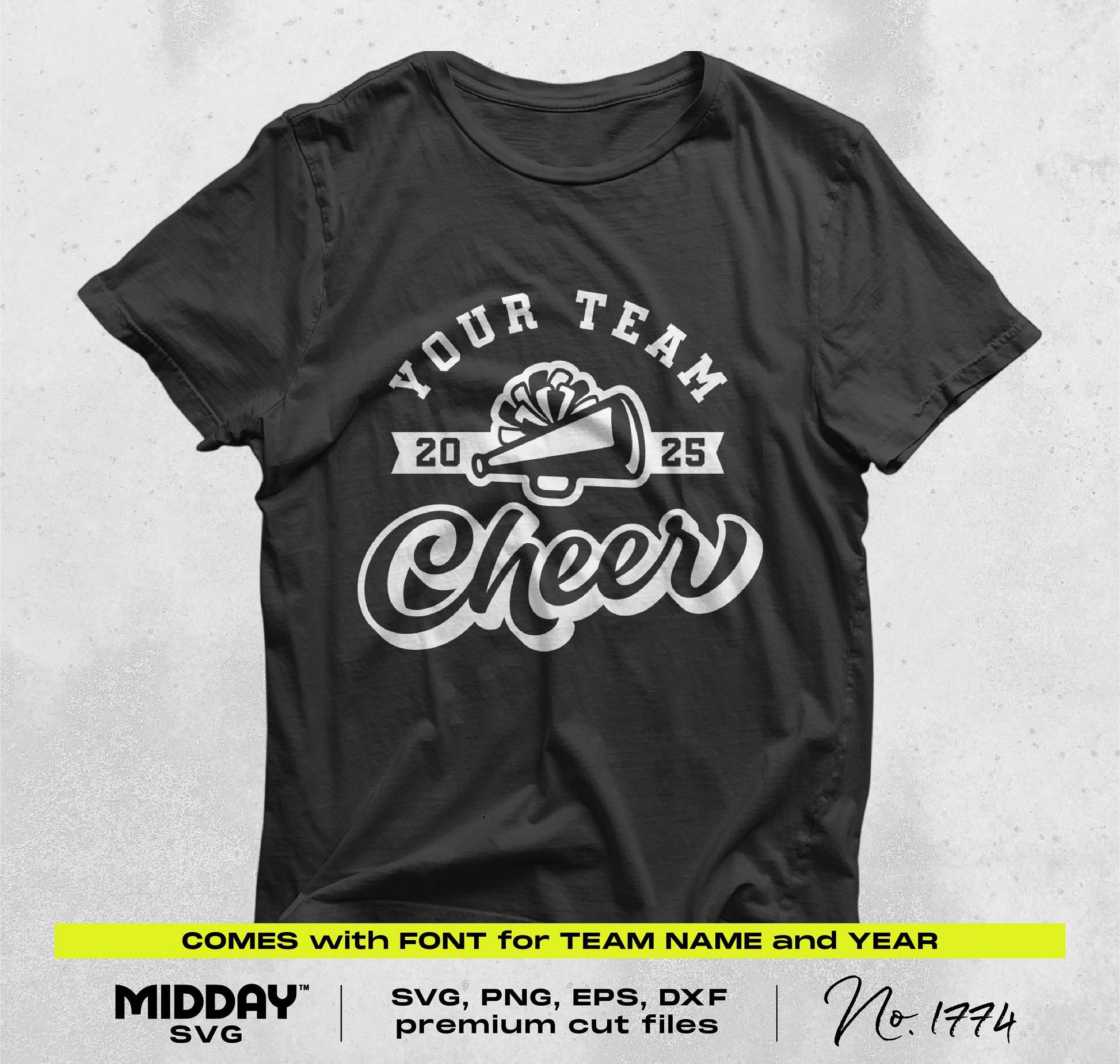 Black t-shirt with customizable cheer team design, featuring megaphone and bold lettering for spirit wear.