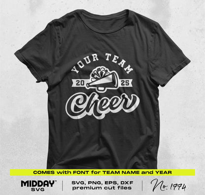Black t-shirt with customizable cheer team design, featuring megaphone and bold lettering for spirit wear.