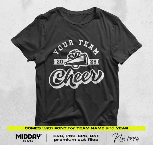 Black t-shirt with customizable cheer team design, featuring megaphone and bold lettering for spirit wear.