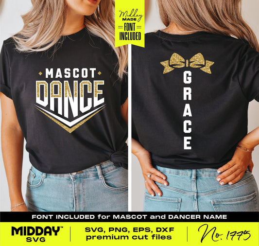 Dance team shirt with 'Mascot' logo and customizable dancer name in SVG, PNG formats, featuring sporty chevron design.