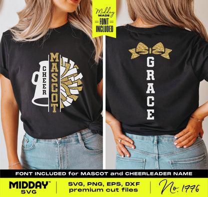Cheerleading shirt with customizable megaphone and pom-pom design, featuring cheerleader's name and team mascot.