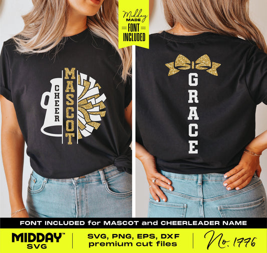 Cheerleading shirt with customizable megaphone and pom-pom design, featuring cheerleader's name and team mascot.