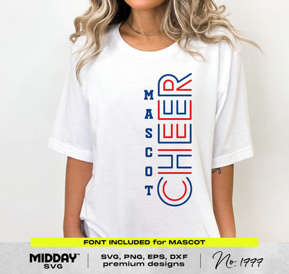 Person wearing a white t-shirt with 'Mascot Cheer' design in bold, retro typography. Includes SVG, PNG, EPS, and DXF formats for crafting.