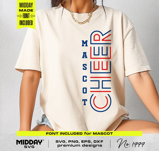 Person wearing a t-shirt with "Mascot Cheer" design for cheerleading SVG template, includes font, suitable for DIY crafts.