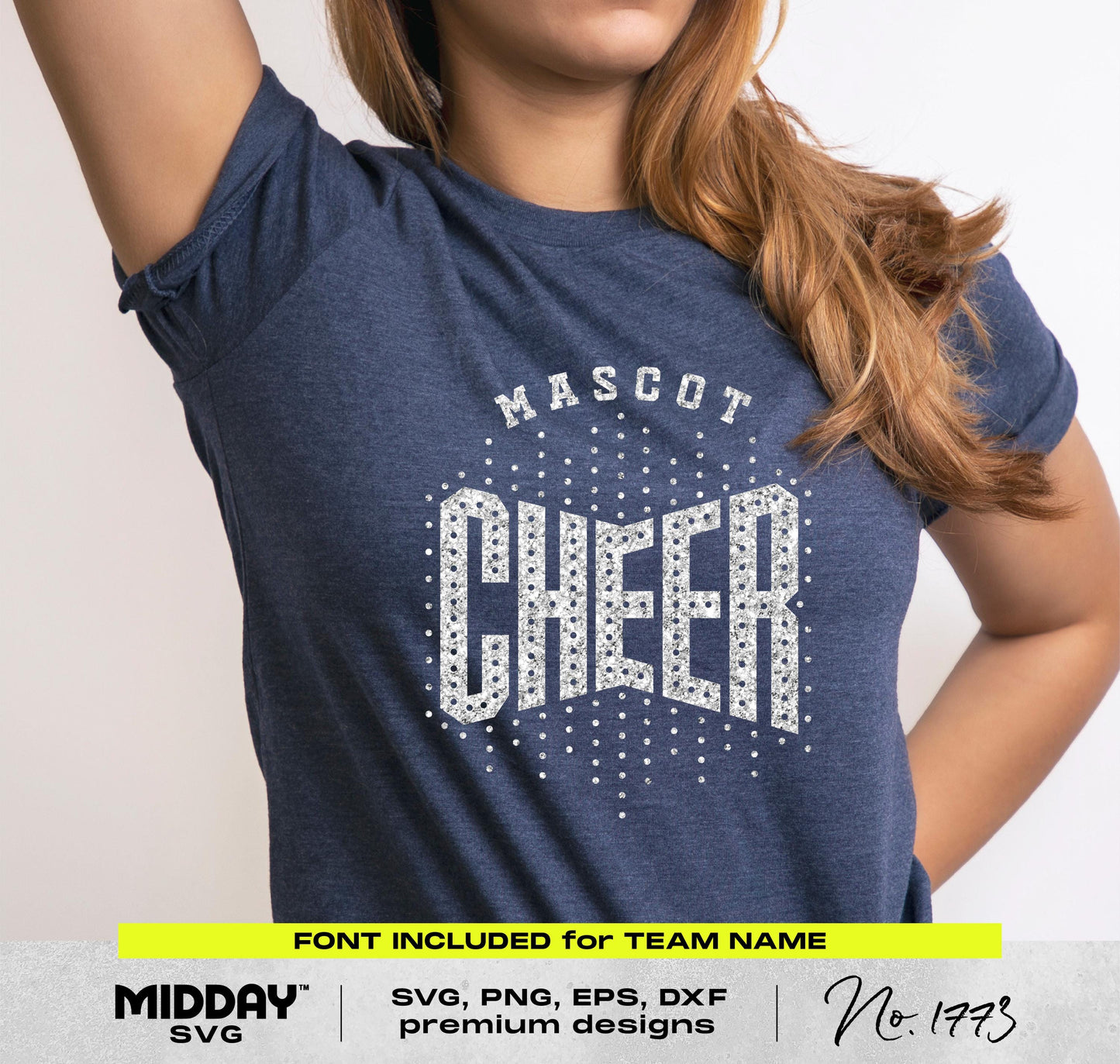 Blue shirt with 'Mascot Cheer' sequin dot design, Cheer Team SVG template for Cricut crafts, shown with energetic typography and graphics.