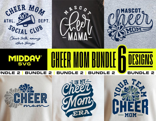 Cheer Mom SVG Bundle featuring six designs for Cricut, including "Mascot Cheer Mama" and "In My Cheer Mom Era," ideal for sublimation projects.
