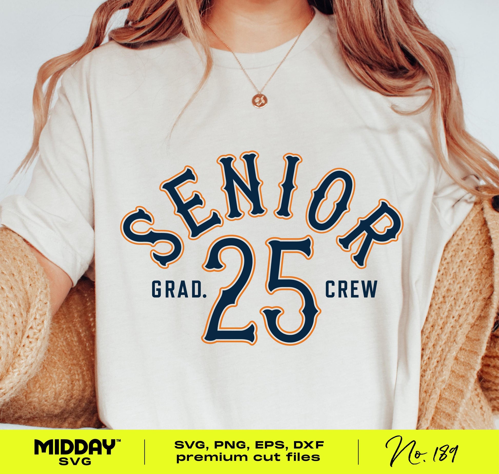Person wearing a 'Senior Grad Crew 2025' shirt, showcasing design for high school graduation SVG, PNG, DXF, EPS cut files.