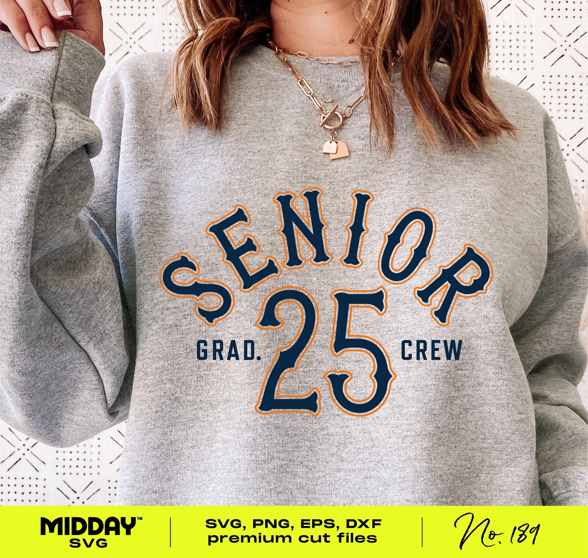Gray sweatshirt with 'Senior Grad 25 Crew' design, ideal for high school class of 2025 graduates, available in SVG, PNG, EPS, DXF formats.