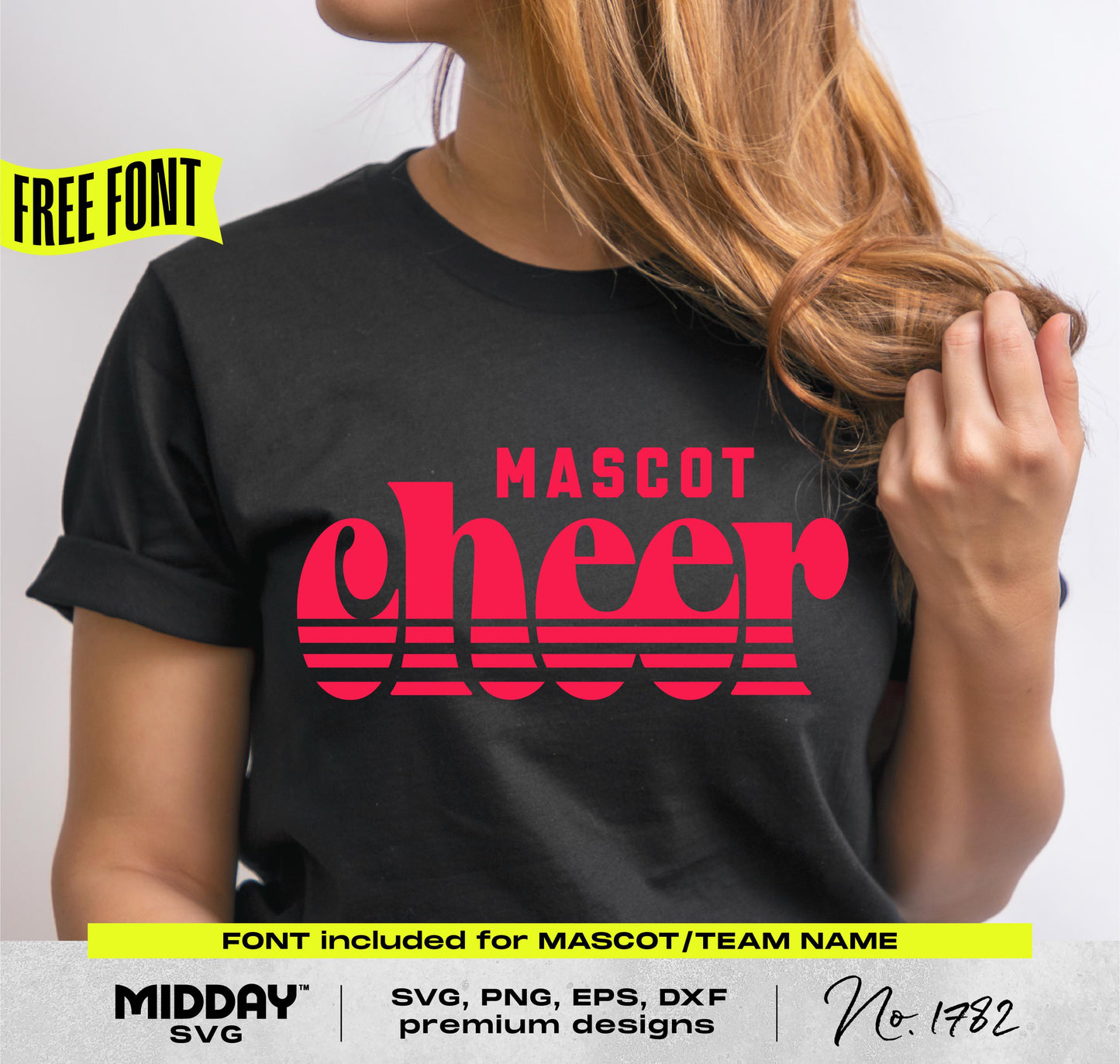 Woman wearing black shirt with red 'Mascot Cheer' text, part of Retro Style Cheer Team Template design for DIY cheerleading shirts.