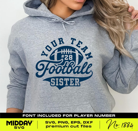 Woman wearing grey hoodie with 'Football Sister' and jersey number design, suitable for SVG, PNG, DXF or EPS crafting.