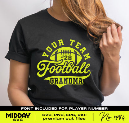 Woman wearing Football Grandma shirt with custom team name and player number, ideal for Cricut designs and sublimation projects.