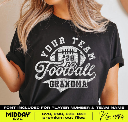 Black shirt with white 'Football Grandma' design, customizable team name and player number. Includes SVG, PNG, EPS, DXF formats.