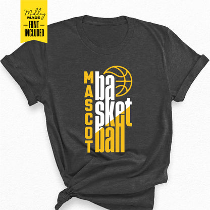 Customizable basketball team t-shirt design with text 'Mascot Basketball' in SVG, PNG, DXF, EPS for Cricut and Silhouette.