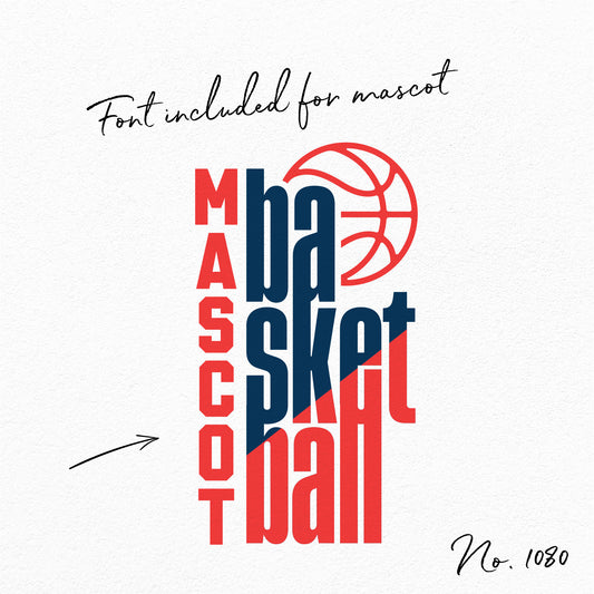 Basketball team design template showcasing bold typography with a basketball graphic, featuring customizable font for mascot name.