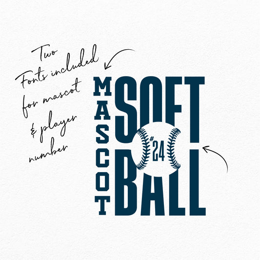 Softball Team Template SVG with customizable fonts for mascot and player number, includes two fonts and baseball graphic.