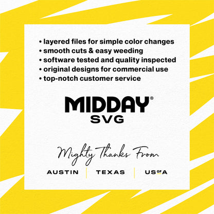 Promotional image for Midday SVG highlighting features like color change, easy weeding, quality tested, original designs, and customer service.