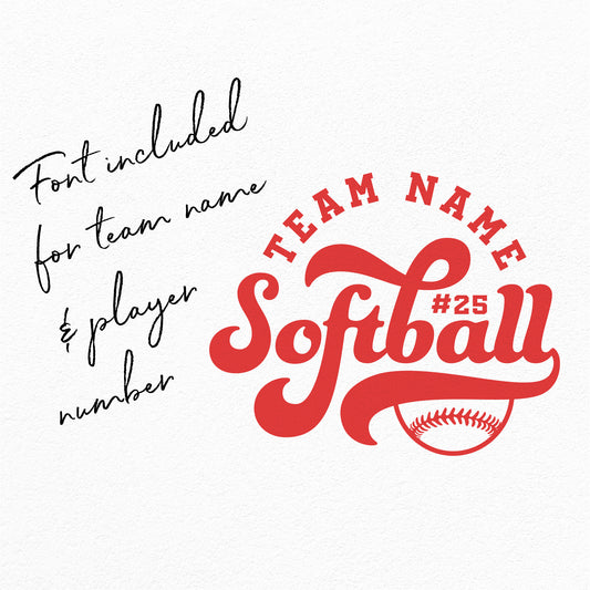 Retro softball team template with customizable text, featuring SVG, PNG, DXF, EPS formats and font for team name and player number.