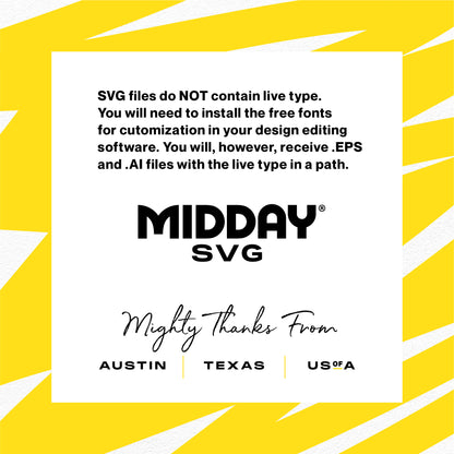 SVG file notice with text about font customization from Midday SVG, includes Austin, Texas, USA locations.