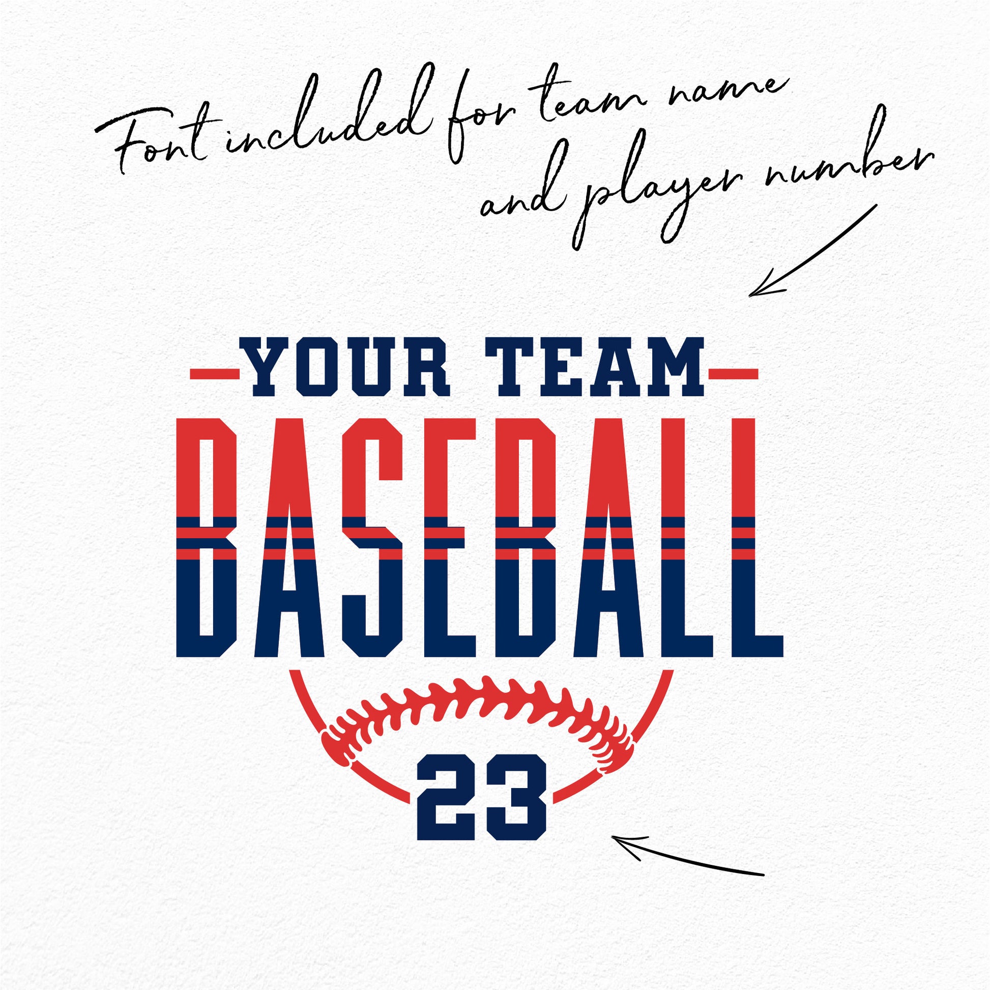 Stripped Classic Baseball SVG with customizable team name and player number design in red and blue for use with crafting software.
