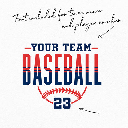 Stripped Classic Baseball SVG with customizable team name and player number design in red and blue for use with crafting software.