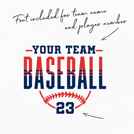 Stripped Classic Baseball SVG with customizable team name and player number design in red and blue for use with crafting software.